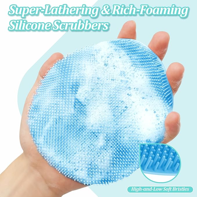 Silicone Back & Face Scrubber & Bath Glove Set 3PCS, 13.4'' Gentle Back Scrubber with Dual-Side Head, 360° Anti-Slip Bath Glove, Unique Side-bristled Face Scrubber for All-Round Cleaning(Blue)