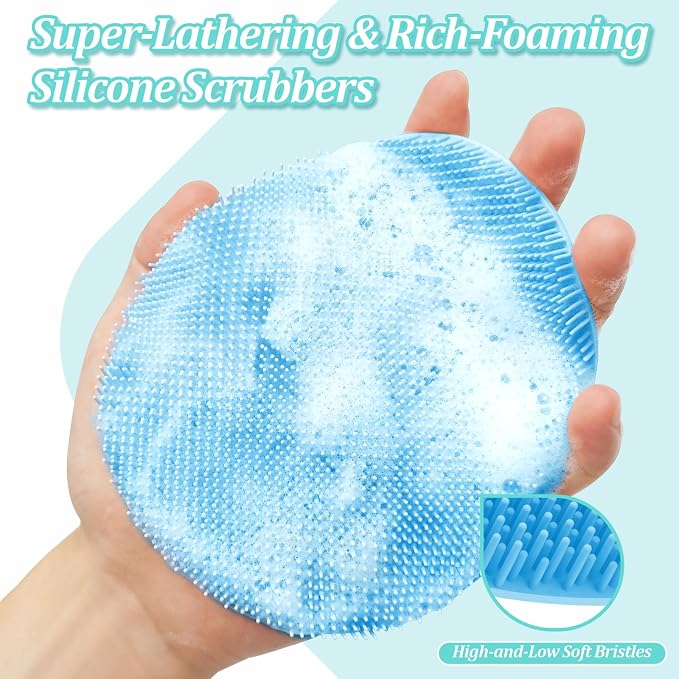 Silicone Back/Body/Face Scrubber & Lymphatic Contour Face Brush Set 4PCS, 13.4'' Soft Back Scrubber, 360° Anti-Slip Bath Glove, Unique Side-bristled Face Scrubber for All-Round Cleaning(Blue)