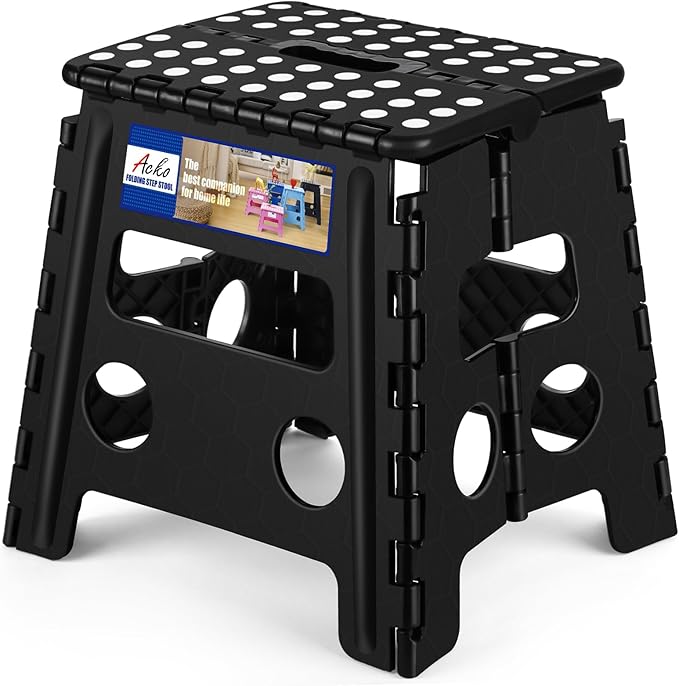 ACKO Folding Step Stool 13 Inch, Sturdy Collapsible Step Stool Foldable Up to 300 lbs for Adults, Non Slip Lightweight Foot Stools with Handle, Ideal for Kitchen, Bathroom, Bedroom, Garden