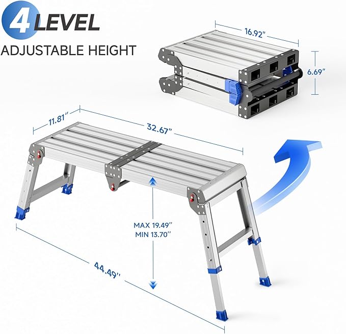 Loyoda Folding Work Platform for Adults, Aluminum Foldable Step Stool Adjustable Height, Lightweight and Durable Portable Outdoor Aluminum Step Ladder, Maximum Load Capacity of 500 Pounds.