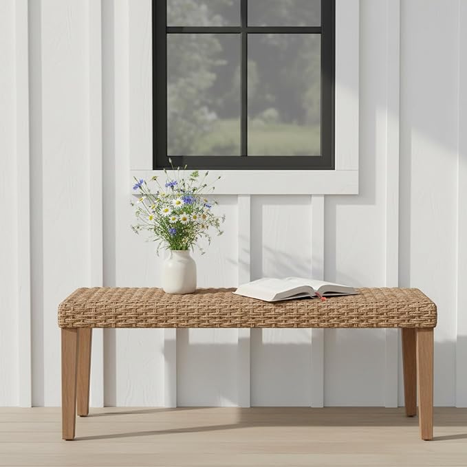 Outdoor Backless Bench, All-Weather Wicker & Solid Acacia Wood, Premium Garden Bench with Woven Rattan Seat and Thick Outdoor Cushion for Patio, Porch, Living Room or Entryway (Natural, PE Wicker)