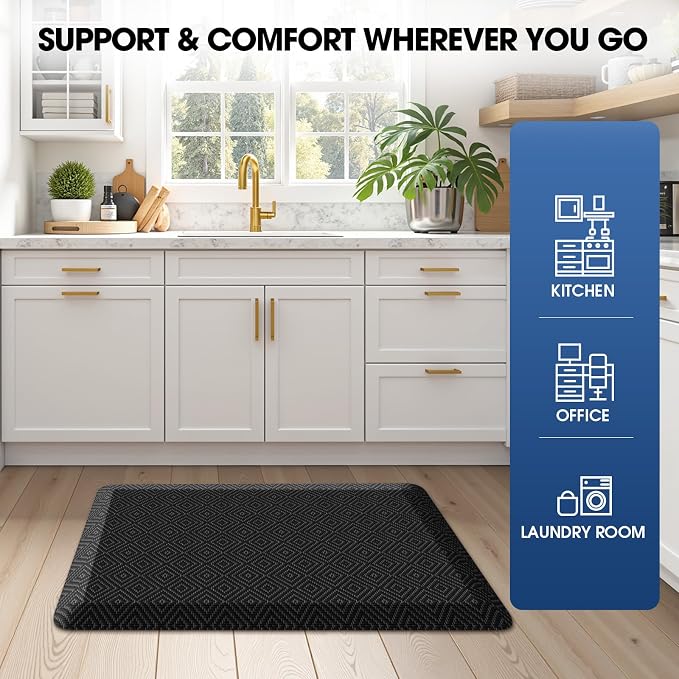 Mattitude 4/5 Inch Thick Kitchen Mat Cushioned Anti-Fatigue Floor Mat Water Resistant Non-Slip Mats and Rugs Standing and Comfort Desk Mats for House Sink Office Laundry (Black, 22"x36")