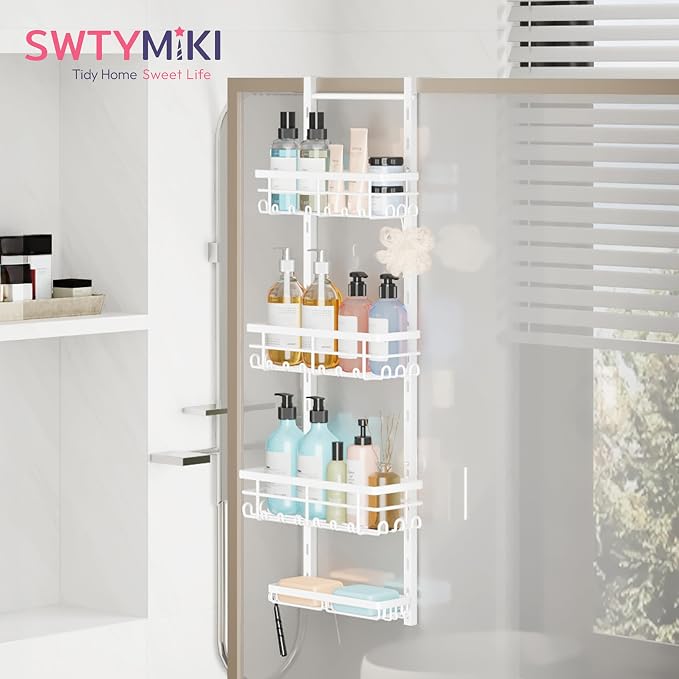 SWTYMIKI Over The Door Shower Caddy - 4 Tier Rustproof Hanging Shower Organizer with Adjustable Shelves, 40 Hooks & Soap Holder, Hanging Shower Rack Storage for Bathroom Accessories, White