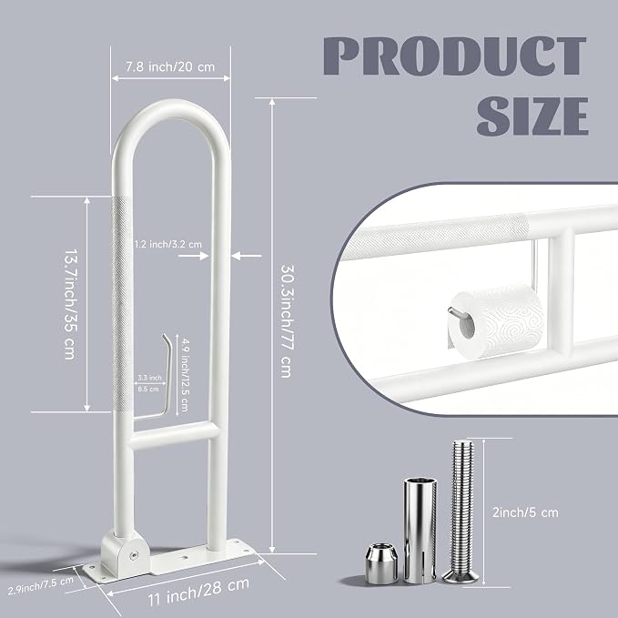 30.3 Inch Toilet Grab Bar, HUAS White Anti Slip Bathroom Toilet Safety Rails, U Shaped Flip-Up Handicap Grab Bars w/Paper Holder, Stainless Steel Support Handrail for Elderly Disabled Senior