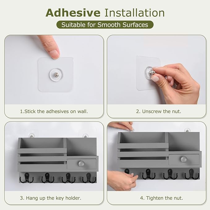 Key Holder Wall Mount, Wooden Adhesive Mail and Key Organizer with Drawer, Small Shelf, 8 Hooks, 2 Installation Methods, Gray