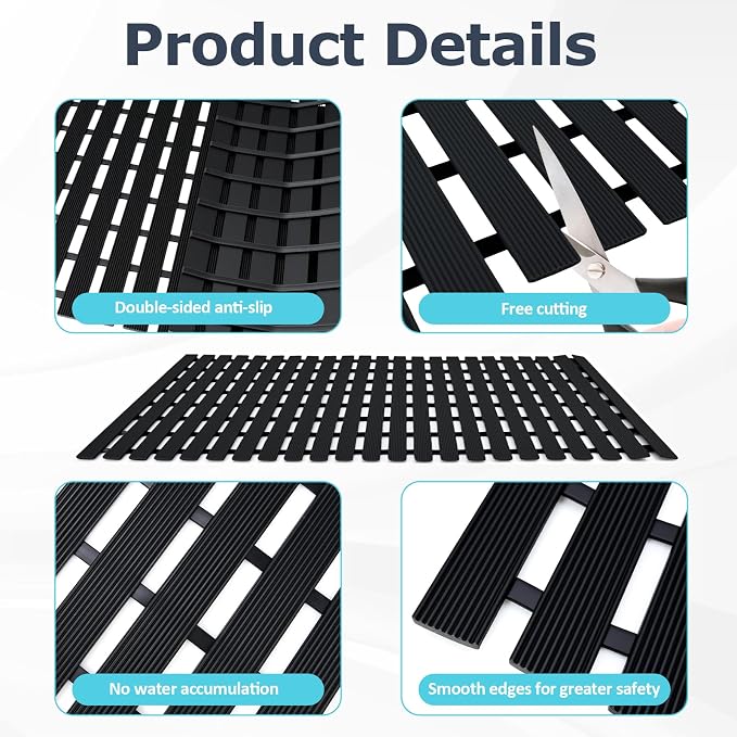 Black Weighted Non Slip Bathtub Mat Without Suction Cups,Textured TPE Bath Mat for Textured Tub & Shower Surfaces,Doesn't Float, Works on Tile and Stone(33.8”x 17”)