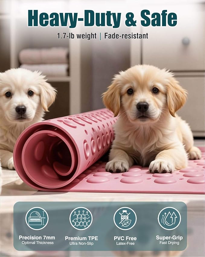 Non Slip TPE Bath Mat, Heavy Non Floating Shower Mat, 28x16, Pink | Strong grip, 166 suctions, 144 drains, 7mm extra-thick cushioned layer, washable, for bathroom shower tub floor