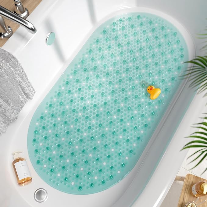 HITSLAM Oval Bathtub Mat Non Slip, 27x15 Inch Bubble Bath Tub Mat for Bathroom, Machine Washable Shower Mat with Suction Cups and Drain Holes, Green