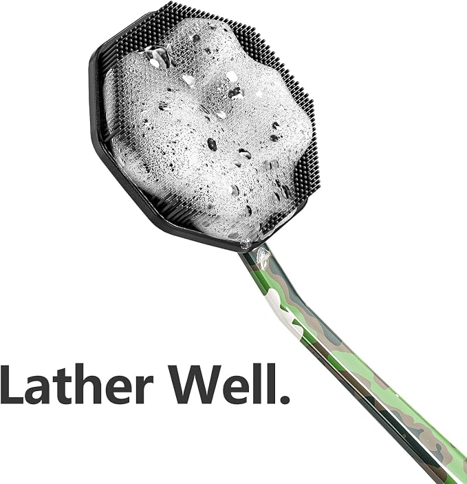 iTokGoK® Platinum Camo Green Pattern Silicone Back Scrubber with Long Handle Back Brush for Shower,Silver-Infused Back Scrubber for Men and Women (Camo Green)
