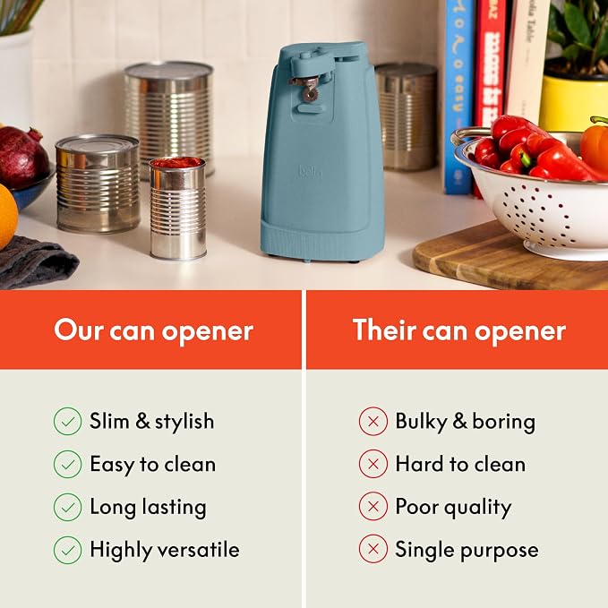 bella Electric Can Opener and Knife Sharpener, Removable Cutting Lever, Cord Storage, Stainless Steel Blade, Surf
