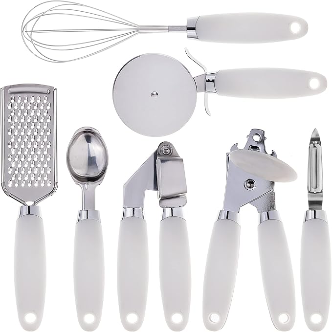 COOK WITH COLOR Kitchen Gadget Set Stainless Steel Utensils with Soft Touch Handles, 7 Pieces, Stainless Steel White