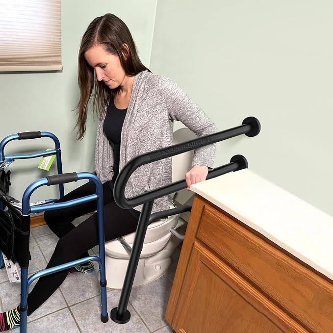 Toilet Support Rail 32 Inch, Munzong Anti-Slip Black Handicap Grab Bar for Bathroom, Stainless Steel Knurled Safety handrails with Leg for Elderly Disabled Pregnant-1.25’Tube