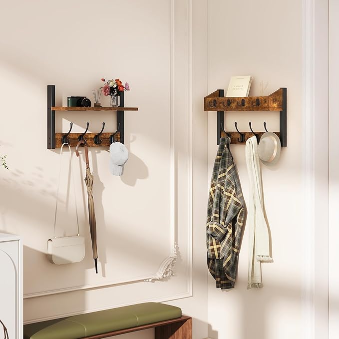 YMYNY 31.5" Coat Rack Wall Mount with Shelf, 4 in 1 Key and Coat Hanger with 12 Metal Hooks, Wall Shelf with Hooks & Mail Holder for Living Room, Bedroom, Rustic Brown, HWS007H-2