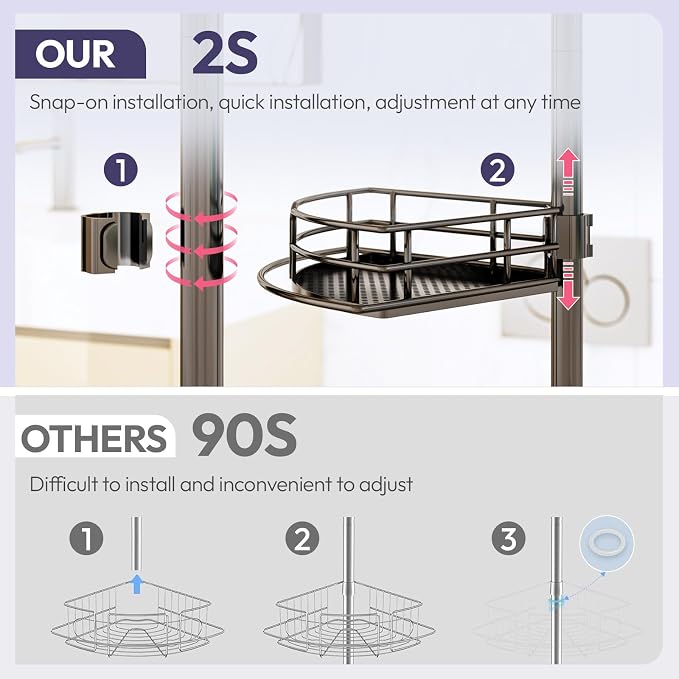 SWTYMIKI Shower Caddy Tension Pole - 4-Tier Corner Shower Organizer Tension Rod, Toothbrush Holder & 4 Hooks, Adjustable Stainless Steel Bathroom Organizer 27.6 to 108.3 inch, Black with Towel Bar