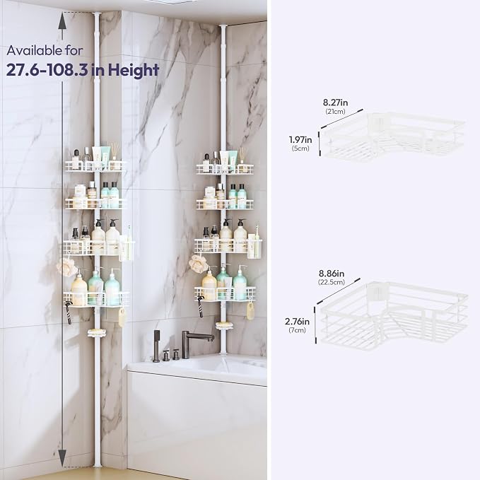 SWTYMIKI Shower Caddy Tension Pole - 4-Tier Corner Shower Organizer Tension Rod with Soap Holder, Toothbrush Holder & 4 Hooks, Adjustable Stainless Steel Bathroom Organizer 27.6 to 108.3 inch, White