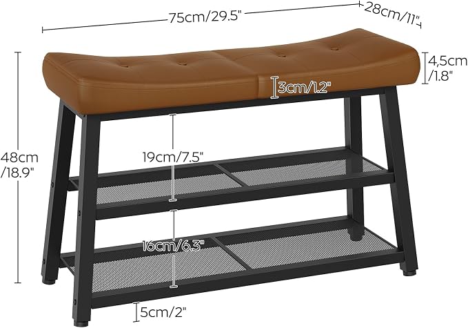 YATINEY Shoe Bench, 3-Tier Shoe Rack, Entryway Bench with Storage and Cushion, for Hallway, Foyer, Bedroom, Brown and Black HX02BV