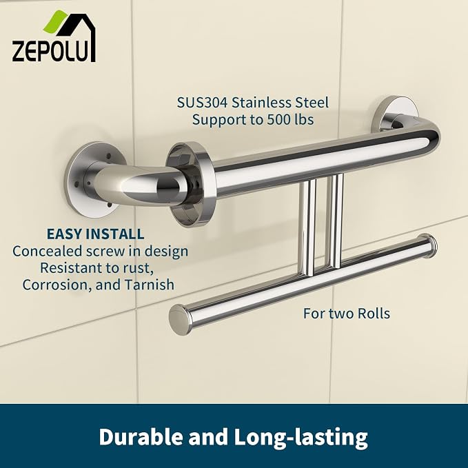 Polished Chrome Grab Bar for Bathroom 17 Inch, Zepolu Stainless Steel 2-in-1 Safety Handrail w/Double Toilet Paper Holder, Wall Mounted Balanced Support Bar Assist Handle for Senior Elderly Handicap