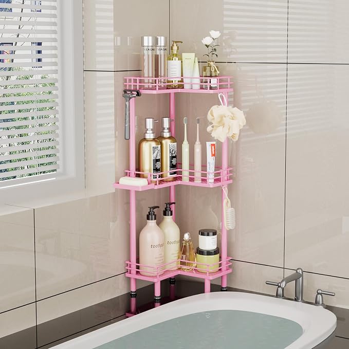 Consumest Corner Shower Caddy Standing - 3-Tier Stainless Steel Shower Organizer with Soap Holder and 4 Hooks, Large Capacity Corner Shelf Stand for Bathroom, Rest Room, Pink