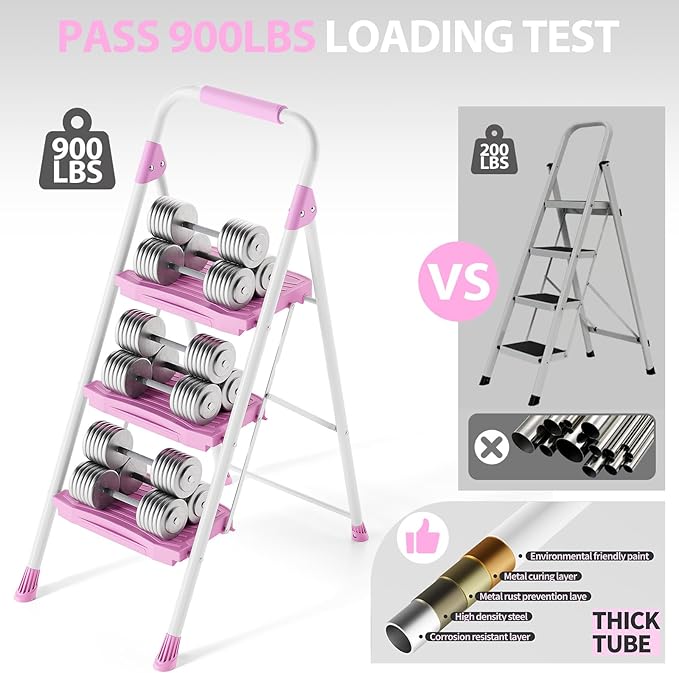 KINGRACK 3 Step Ladder, Sturdy Step Stool with Handrail, Anti-Slip Wide Pedals, 900lbs Foldable Step Stool for Home, Garage, Garden, Household, Large Loading Capacity, Pink