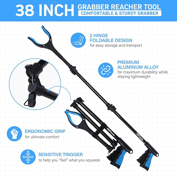 38" Extra Long Grabber Reacher Tool – 3 Pack Foldable Reacher Grabber Pickup Tools with 360° Rotating Jaw & Magnet - Heavy Duty Pick Up Grabbers for Seniors, Trash, Surgery Recovery (Orange Blue Pink)