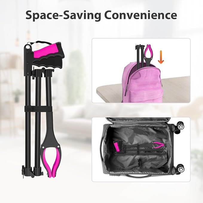 43" Grabber Reacher Tool, Foldable Reacher Grabber Pickup Tool with 360° Rotating Jaw & Two Magnets, Extra Long Trash Picker Upper Grabber, Extension Grabbers for Seniors, Pink