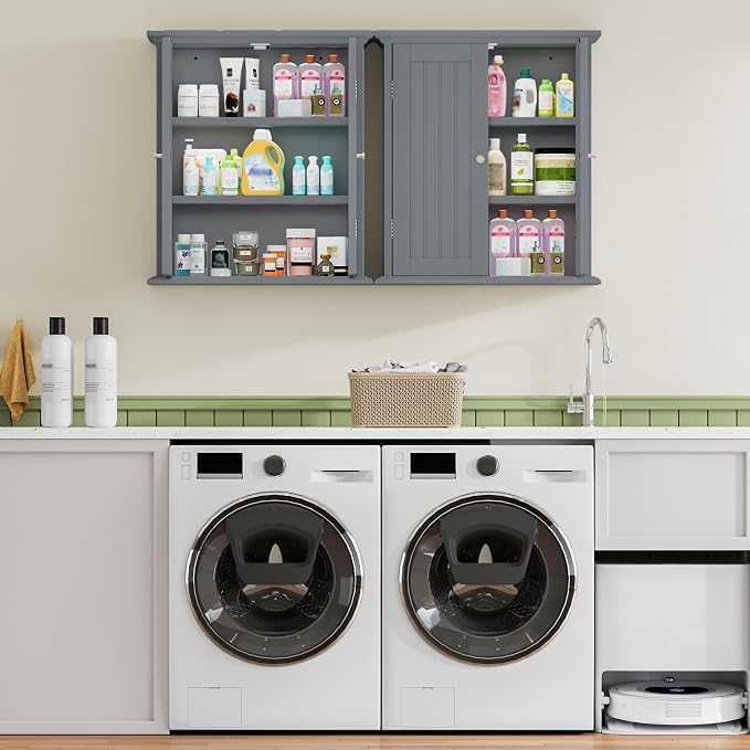 ChooChoo Bathroom Wall Cabinet, Over The Toilet Space Saver Storage Cabinet, Medicine Cabinet with 2 Door and Adjustable Shelves, Cupboard, Grey