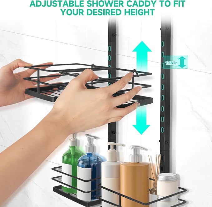 Shower Caddy Hanging for Handheld Showerheads Adjustable Hagging Shower Caddy, Stainless Steel Hose Hanging Shower Organizer 4 Levels Height Shower Rack（black