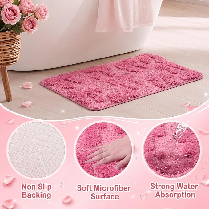 Capoda 1 Pcs Pink Bow Bathroom Rug 20 x 32 Inch Coquette Bath Mat Non-Slip Soft Plush Microfiber Coquette Shower Rug for Bathroom Bedroom Entryway Laundry Room Decor(Bow, Pink)