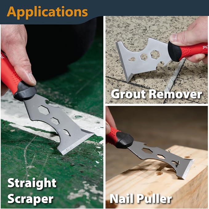 POWERTEC 9-in-1 Painter's Tool w/ 3 Inch Stainless Steel Putty Knife | Straight Scraper, Grout Remover, Roller Cleaning, Can Opener, Bottle Opener, Nail Puller, Screwdriver, 3/8" & 1/4" Wrench (72067)