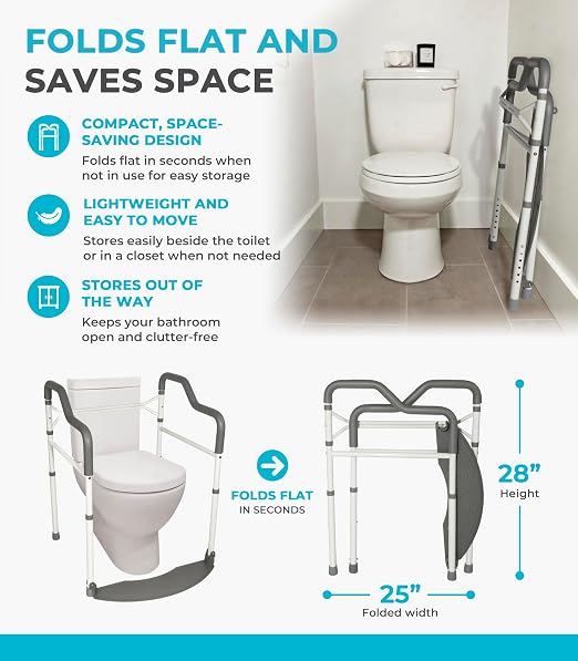 Stander Wonder Toilet Safety Rails for Seniors, Adjustable Detachable Toilet Frame with Padded Handles for Elderly Adults, Foldable Handicap Support Rail with Footrest, Fits Any Toilets