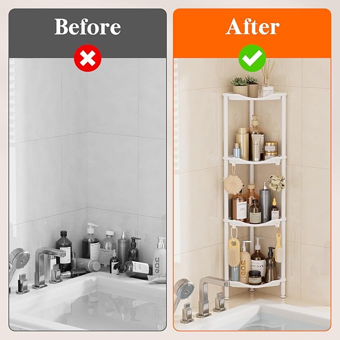 Lifewit Floor Standing Shower Caddy Corner, 4 Tier Plastic Shower Stand Rack with Adjustable Feet and Hooks, Rustproof Bathroom Shelf Organizer, White, 34 x 24 x 107 cm/13 x 9.5 x 42 inch
