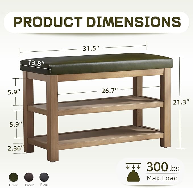 Zihanhome Shoe Rack Bench with Leather Cushion, 2 Tier Solid Wood Storage Bench, Mid-Century Modern Shoe Bench for Entryway, Hallway, Closet, Front Door Entrance, Foyer (Green, 31.5)