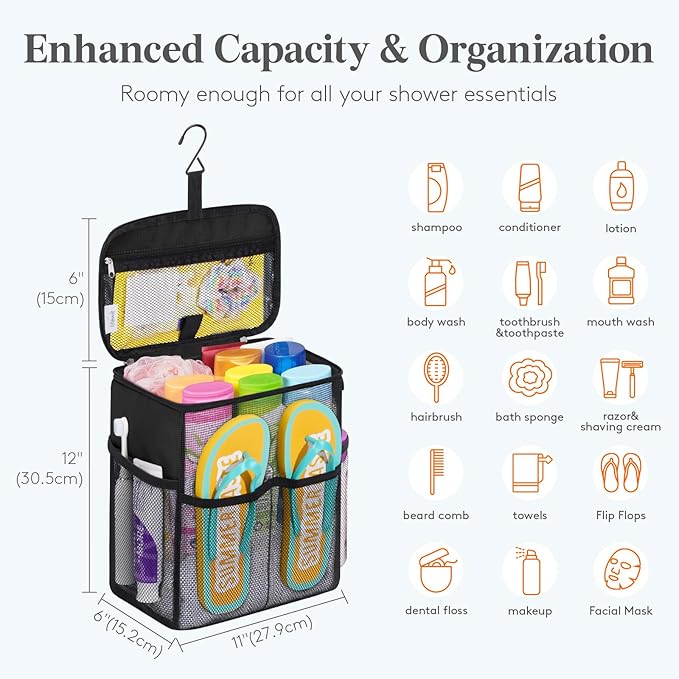 Lifewit Shower Caddy Portable, Toiletry Bag with Handle and 3 Mesh Pockets, Quick Dry Hanging Organizer for Bathroom, Gym, Travel, Camping, College Dorm Room Essentials for Women Men, Black