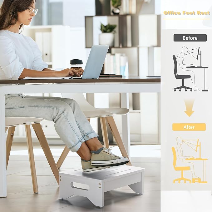 Wooden Step Stool for Adults & Kids, Non-Slip Rubber Feet, 6.5 INCH High, Lightweight Small Step, 450 LBS Capacity, Bed Step Stool for High Bed, Bathroom & Kitchen (White)