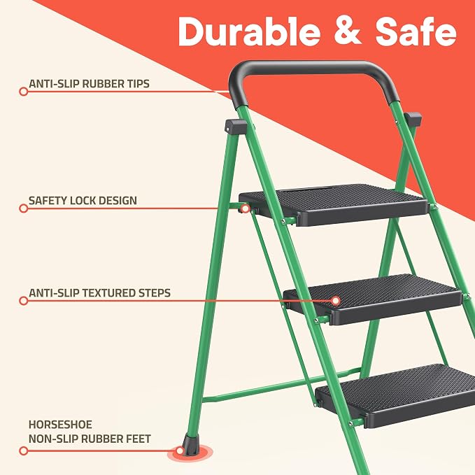 Green 3 Step Stool Foldable – Heavy-Duty Foldable Step Stool for Adults, 500 lbs Capacity, Anti-Slip Feet & Wide Steps, Sturdy Steel Frame, Lightweight & Space-Saving Design for Home, Kitchen & Garage