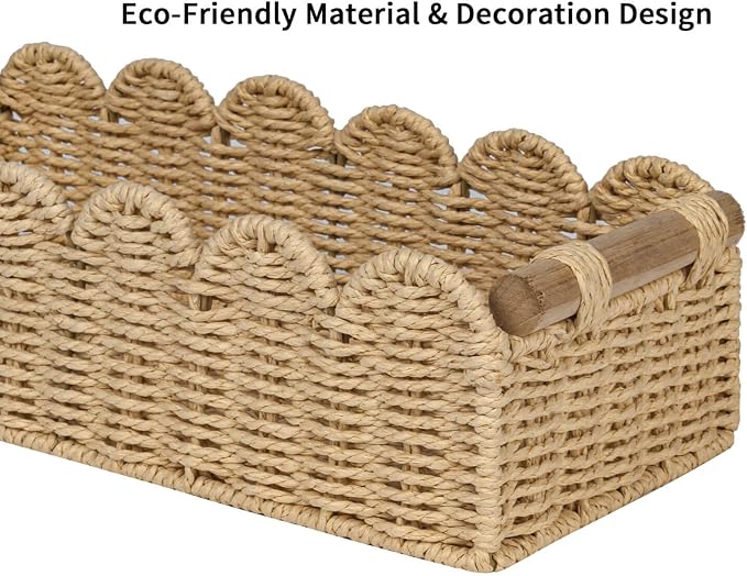 CubesLand Scalloped Edge Toilet Paper Storage Basket, Living Room Home Cozy Decor Basket, Paper Rope Small Baskets for Over Toilet Storage Shelf, End Table, Shelves, with 2 Wooden Handles, Beige