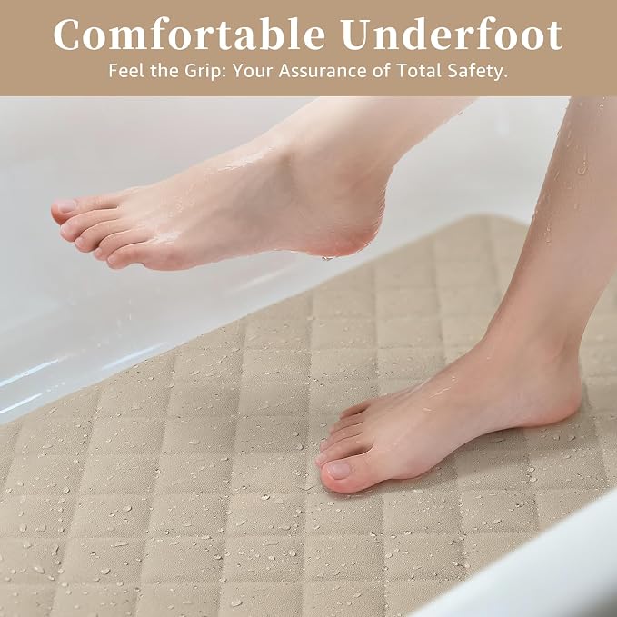 Yolife Bathtub Shower Mat Non Slip, Natural Rubber Bath Tub Floor Liner Mats with Strong Suction Cups for Inside Shower Bathroom, Machine Washable, Soft on Feet, 27.5 x 17 Inch, Brown