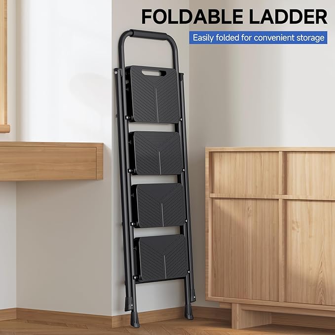KINGRACK 4 Step Ladder, Folding Step Stool with Handrail, Safe-Lock Design and Wide Anti-Slip Pedals, 500 lbs Capacity Sturdy Steel Ladder for Home and Kitchen, Black