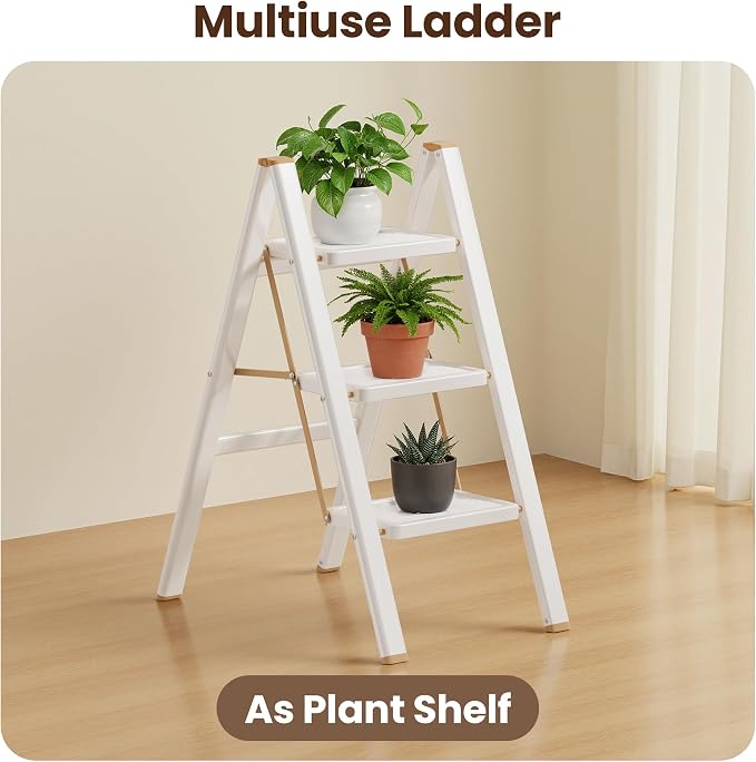 3 Step Ladder, Foldable Step Stool with Anti-Slip Pedal, Portable Iron Stepladder for Home and Kitchen, Easy to Store-Cream Chocalate(300LBS)