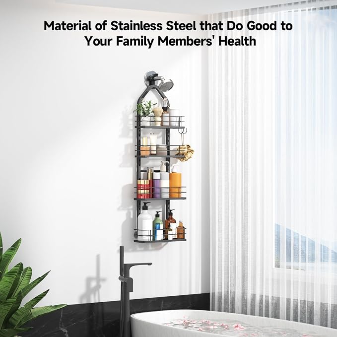 Shower Caddy Hanging (Black), Adjustable Anti-Swing-Over The Shower Head Caddy, 4 Tier Stainless Steel Bathroom Storage Organizer Bathroom Shelves Basket Rack Shower Caddies (4Tier)