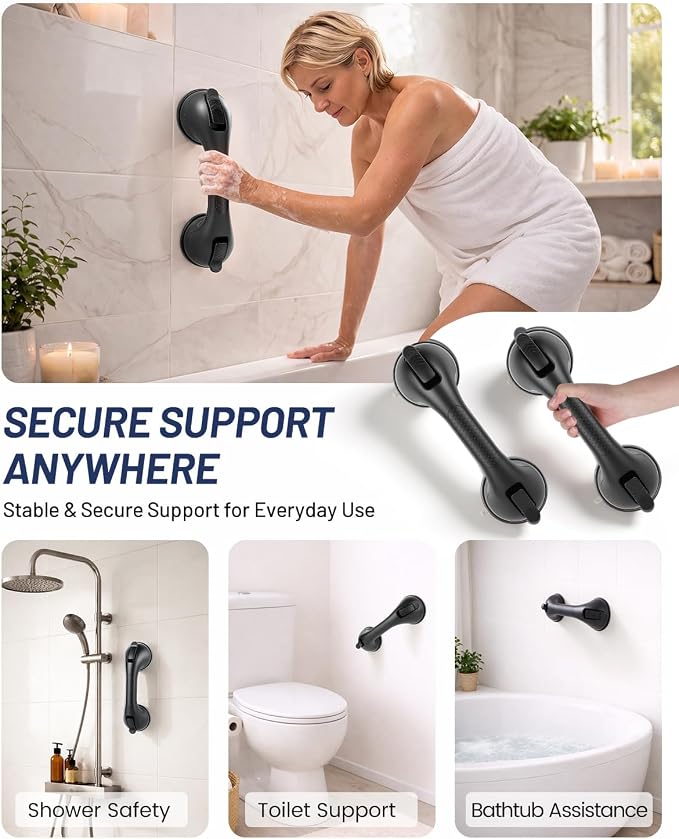 2 Pack Gel-Enhanced Shower Grab Bars for Seniors and Elderly, Heavy Duty Suction Grab Bars for Bathtubs and Showers, No Drill Removable Bathroom Handles for Toilet, Tub, and Shower Support
