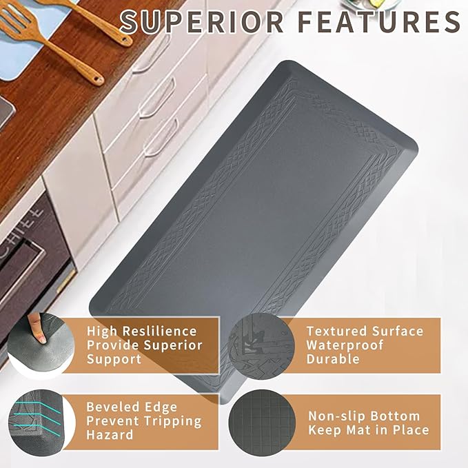 20 x 42 Inch Extra Support Anti Fatigue Comfort Kitchen Mat, Waterproof Long Kitchen Runner, Non-Slip Standing Desk Mat, Commercial Pads for Offices, Home, Garages (Bordeaux Grey, 20'' x 42'')