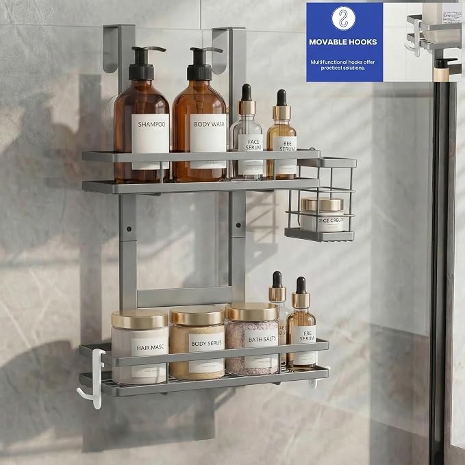 Over the Door Shower Caddy Hanging, Rustproof Shower Shelves with Waterproof Phone Pouch, 2-Tier Adjustable Bathroom Organizers and Storage, No Drilling Shampoo Soap Shelf (Silver 2-Tier)