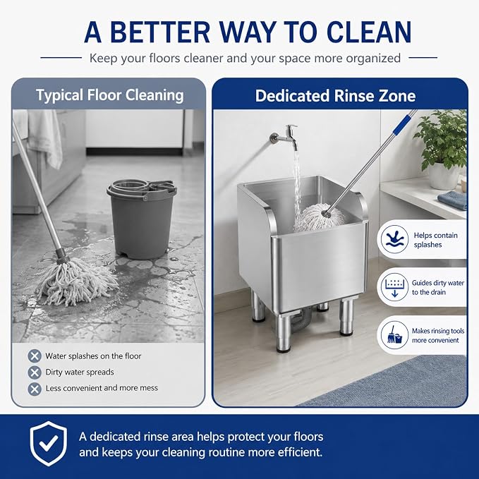 Stainless Steel Mop Sink, Freestanding Utility Basin with High Baffle, Drain Filter Basket and Adjustable Feet, Floor Mount Service Sink for Laundry Room, Garage, Restaurant, 17.7 x 16.1 x 21.7 in