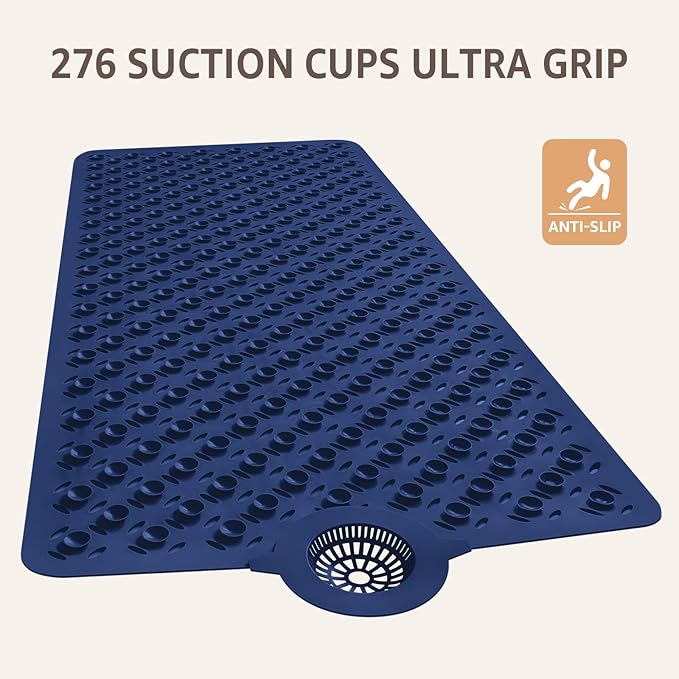 OTHWAY Bath Mat for Tub Non Slip: 39" X 17" Long Bathtub Mat with Hair Catcher│Big Drain Holes Shower Mats for Inside Shower│Machine Washable (Navy Blue)