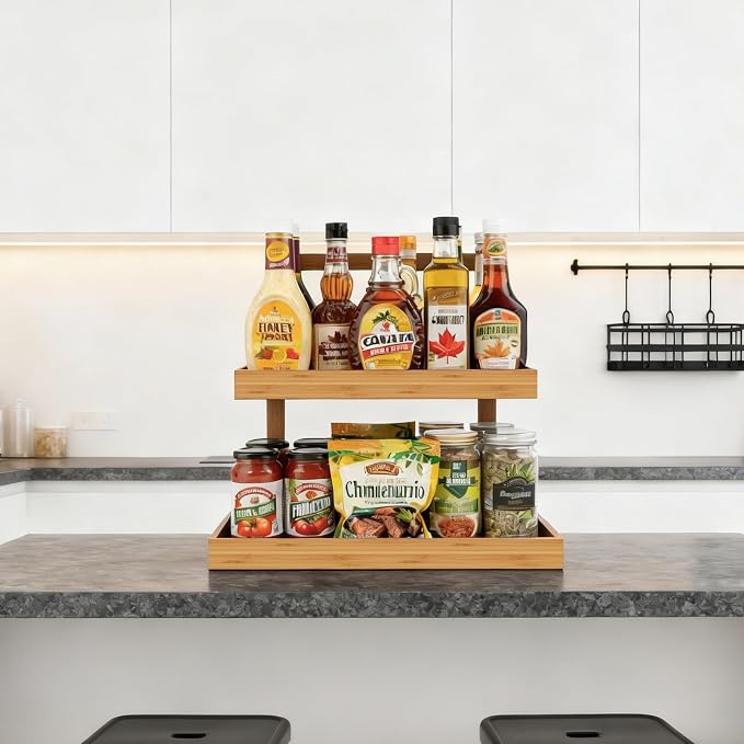 Bamboo Under Sink Organizer - 2 Tier Pull Out Cabinet Shelves with Adjustable Height, Undersink Storage Slide Out for Kitchen Bathroom Cabinet Pantry