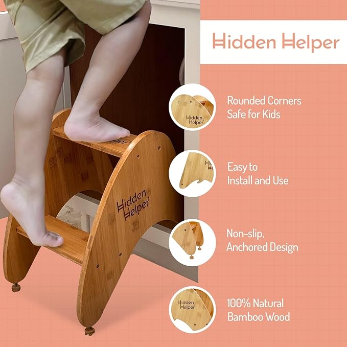 Hidden Helper Montessori Step Stool for Toddlers, Foldable Toddler Two Step Stool for Bathroom Sink & Kitchen Helper, Wooden Folding Stool for Kids Ages 2-5, Bamboo
