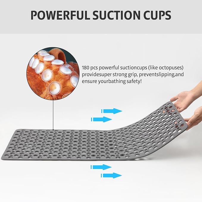XIYUNTE Shower Mat Non Slip Bath Mat for Tub - 35" x 16" Soft TPE Bathtub Mat Non Slip Shower Mats for Inside Shower, Anti Slip Shower Mat with Suction Cups, Quick-Drying Bath Tub Mat, Grey