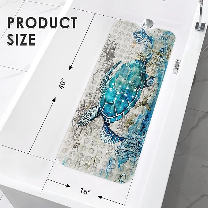 Nesphy Baby Bath Mat for Tub for Kids, Blue Sea Turtle 40 X 16 Inch Extra Long Toddler Bathtub Mat Non Slip, Shower Mat for Tub Anti Slip with Suction Cups and Drain Holes