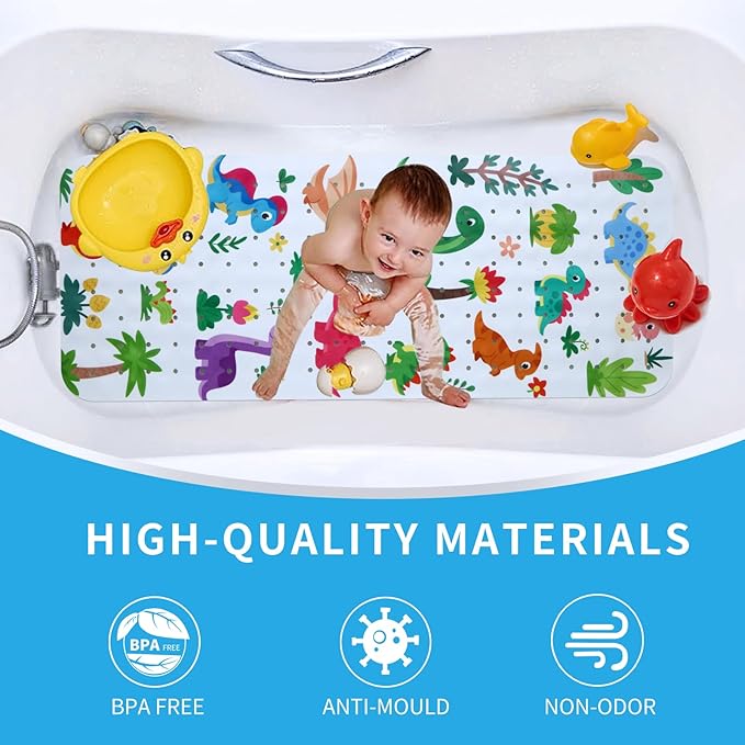 Baby Bath Mat for Tub Non Slip Kids Bathtub Mat Extra Long 40X16 Inch Toddler Bath Tub Shower Mat Anti Slip with Suction Cups & Drain Holes, Machine Washable (Forest Dinosaur)